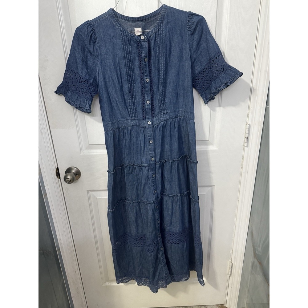Gap x Love Shack Fancy Denim Midi Dress Tiered Eyelet Button Cottagecore Sz S